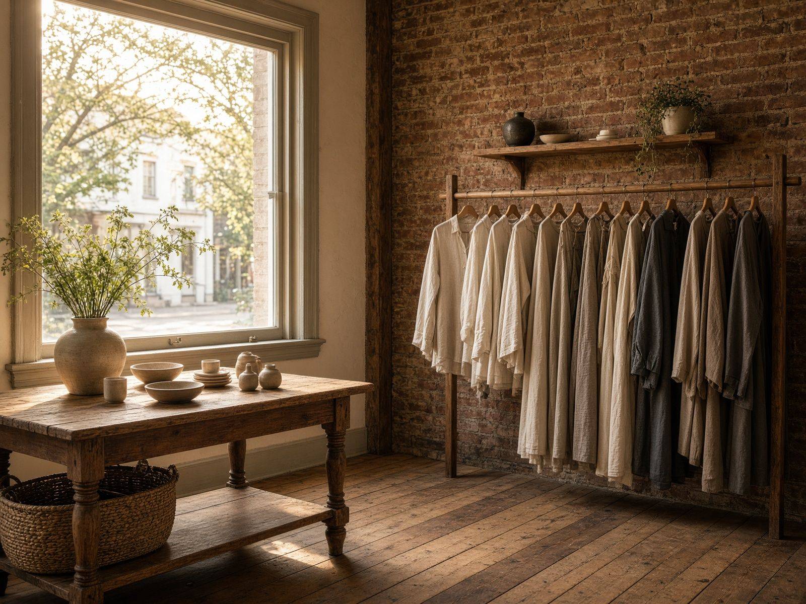 Interior of an independent boutique in a historic brick building