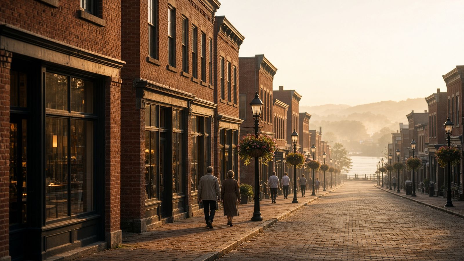Historic brick Main Street in St. Charles, Missouri at golden hour