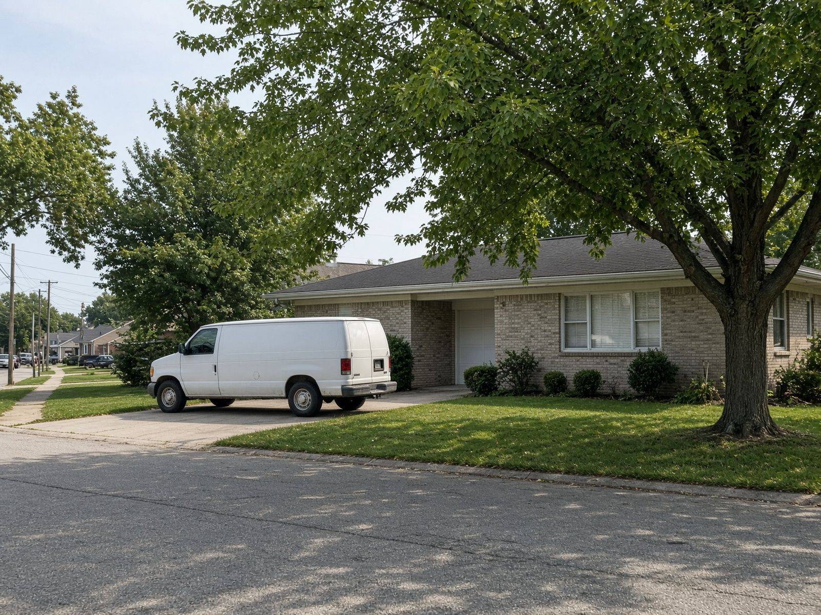 White service van parked in the driveway of a suburban home during a house call