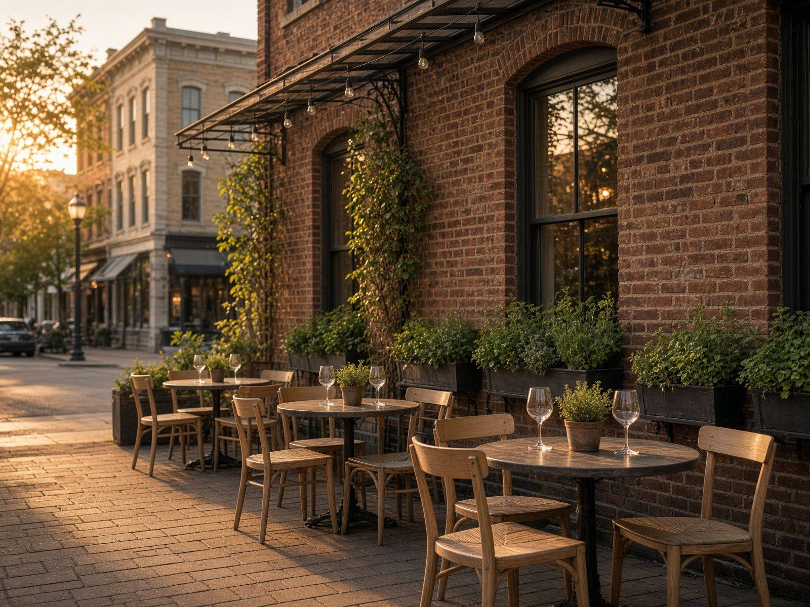 Warm restaurant dining room with wood tables, hanging lights, and brick walls