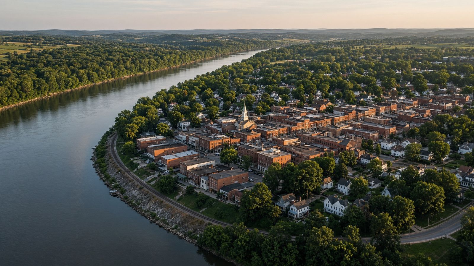 Aerial view of a Missouri river town along a wide river bend, late afternoon