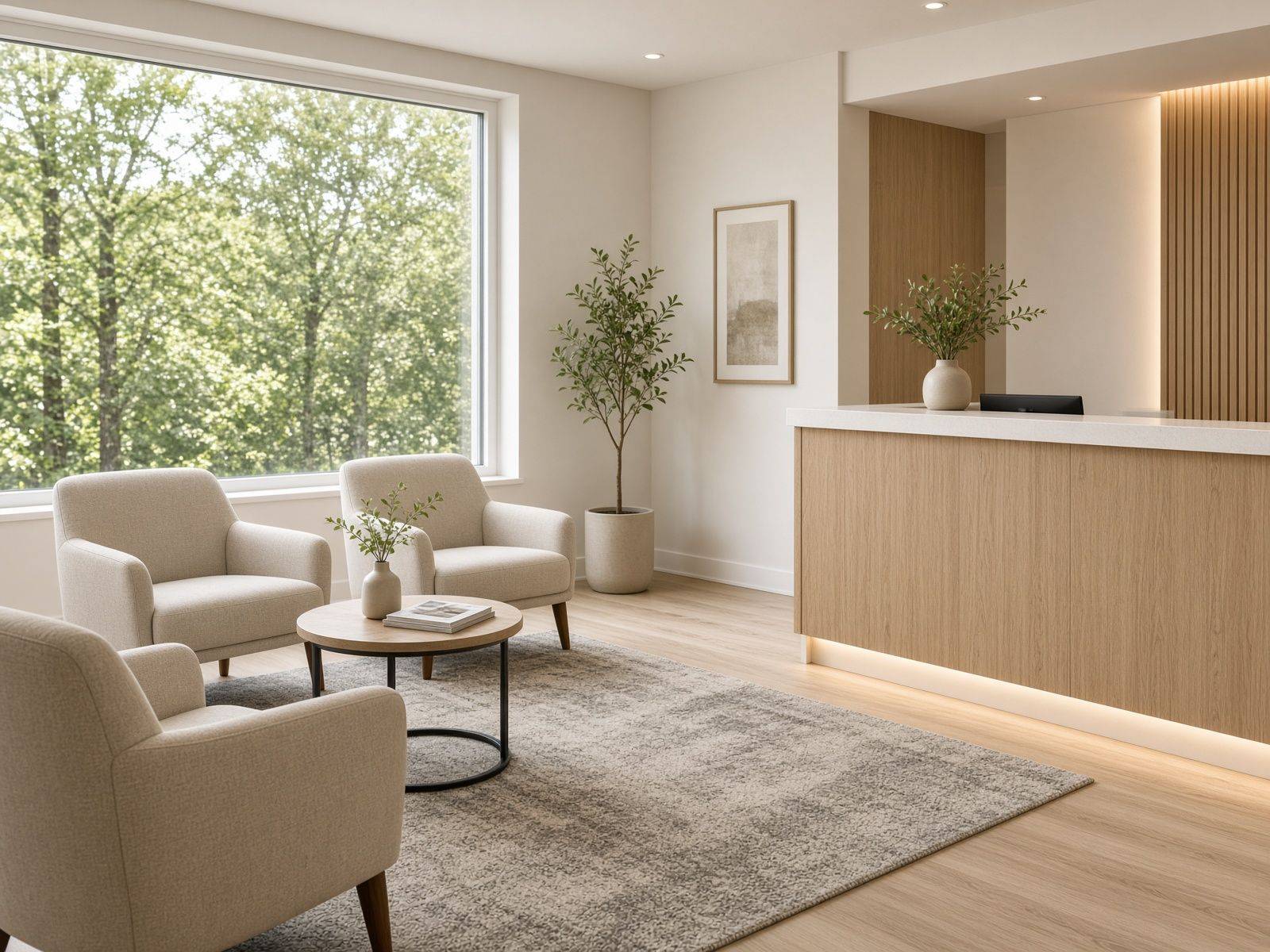 Calm wellness studio with a treatment table, plants, and soft natural light
